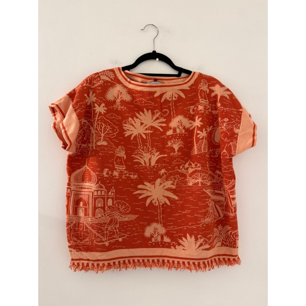 Happy Sheep Orange Tropical Jacquard Knit Fringe Hem Top Cotton Italy Size XS